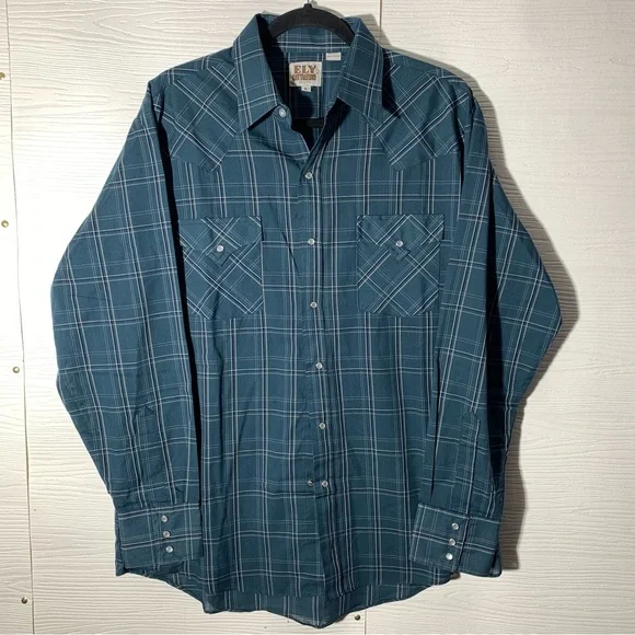 Ely Cattleman Teal Plaid Long Sleeve Pearl Snap Western Shirt L - Picture 1 of 6